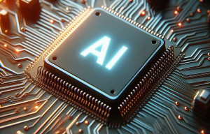 An AI chip on a bed of circuitry with the letters "AI" in capital